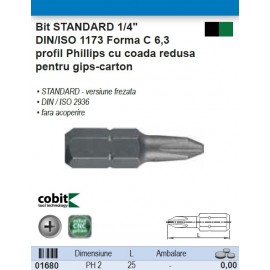 Bit STANDARD 1/4"  COBIT profil Phillips cu coada redusa pentru gips-carton