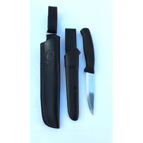 Set Cutit Morakniv Companion negru si teaca neagra din piele naturala cu dangler